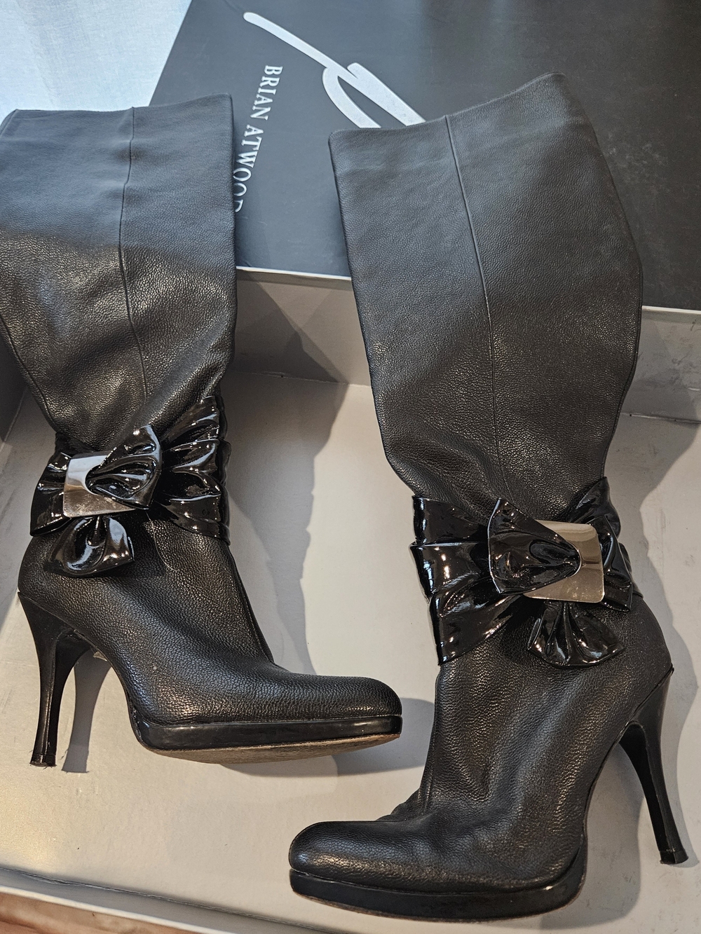 Brian Atwood Black Patent Bow Knee-High Stiletto Boots